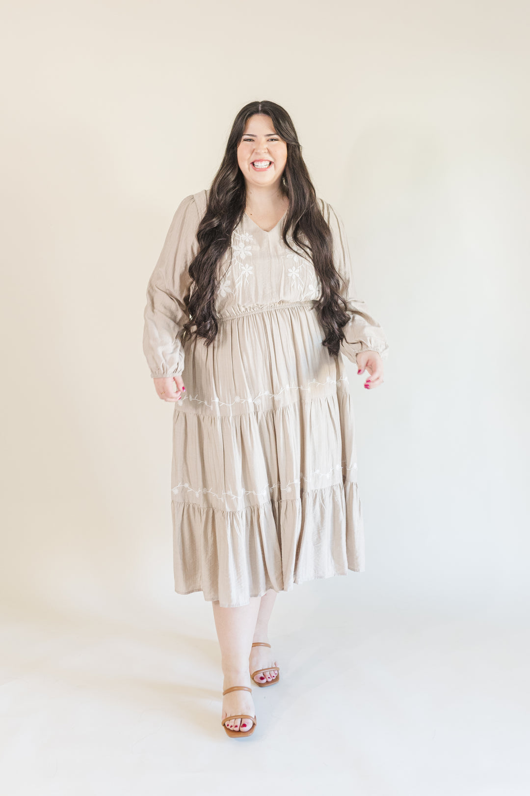 Allie Long Sleeve Embroidered Midi Dress in Beige