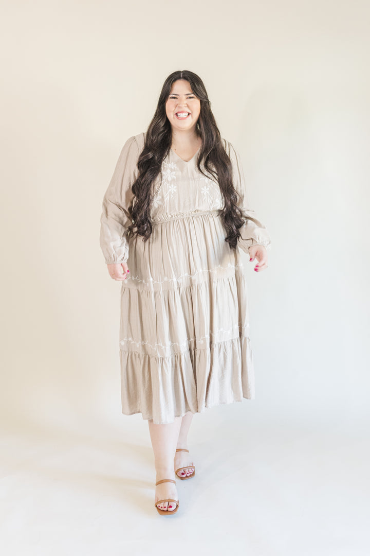 Allie Long Sleeve Embroidered Midi Dress in Beige
