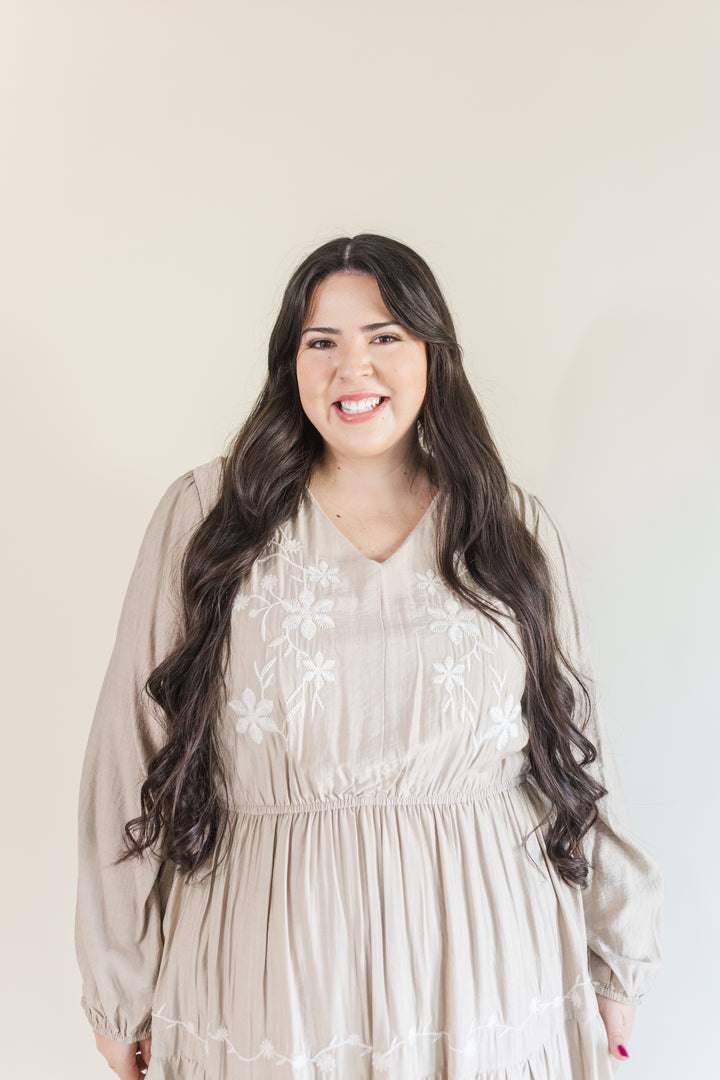 Allie Long Sleeve Embroidered Midi Dress in Beige