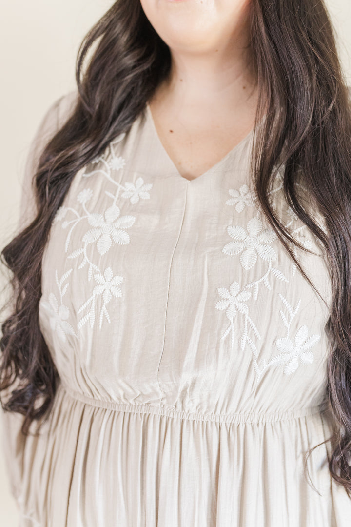 Allie Long Sleeve Embroidered Midi Dress in Beige