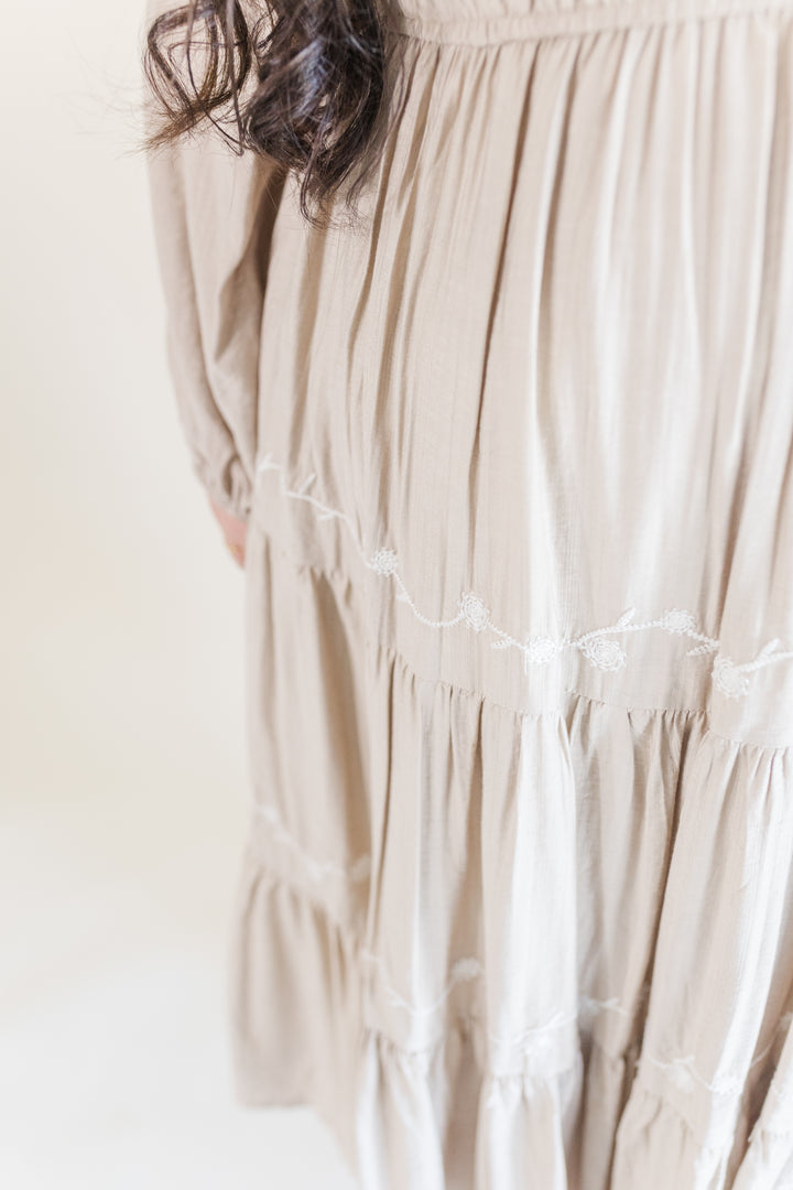 Allie Long Sleeve Embroidered Midi Dress in Beige