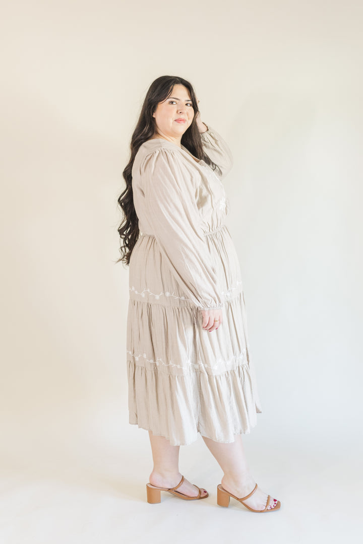 Allie Long Sleeve Embroidered Midi Dress in Beige