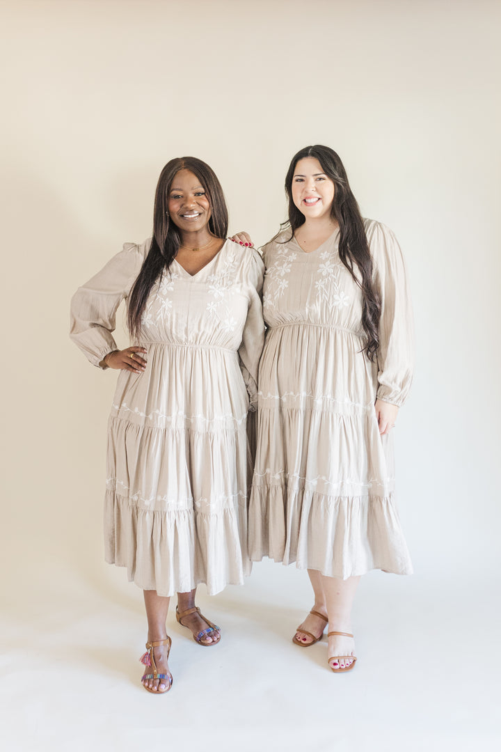 Allie Long Sleeve Embroidered Midi Dress in Beige