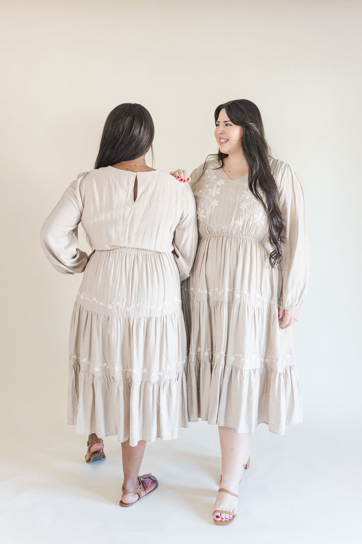 Allie Long Sleeve Embroidered Midi Dress in Beige