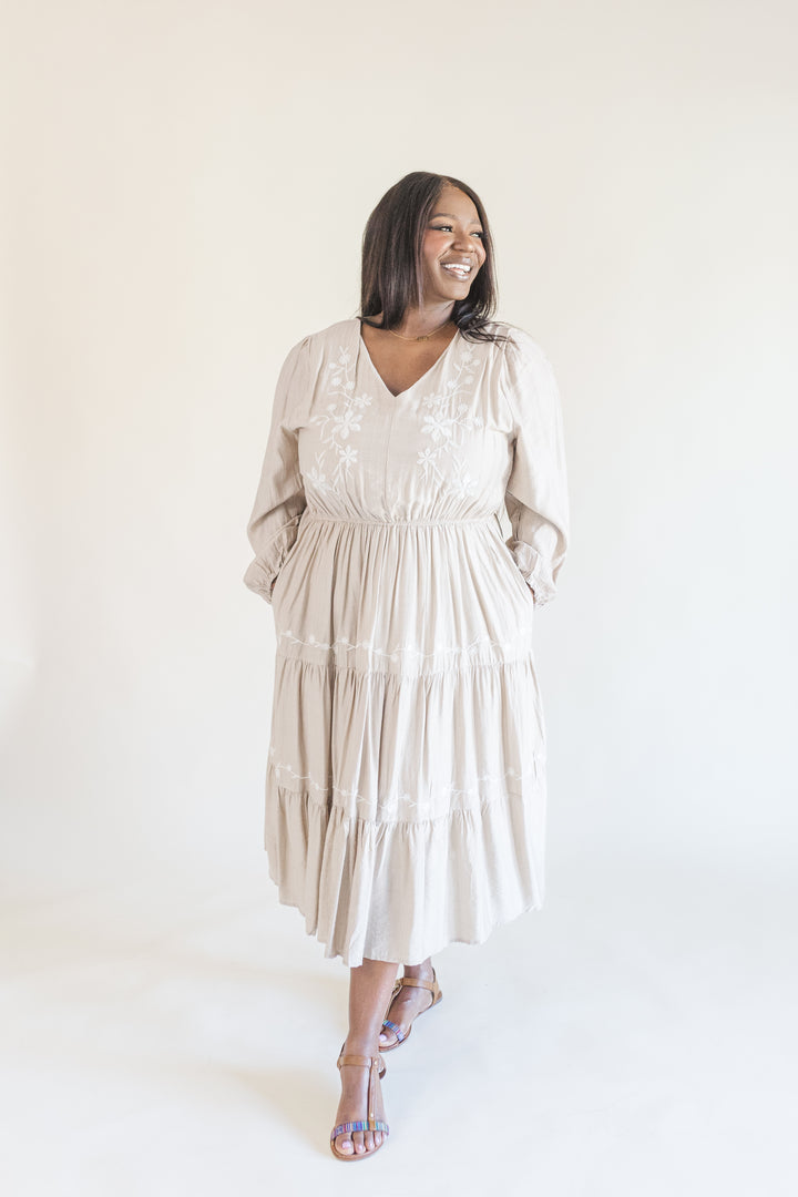 Allie Long Sleeve Embroidered Midi Dress in Beige