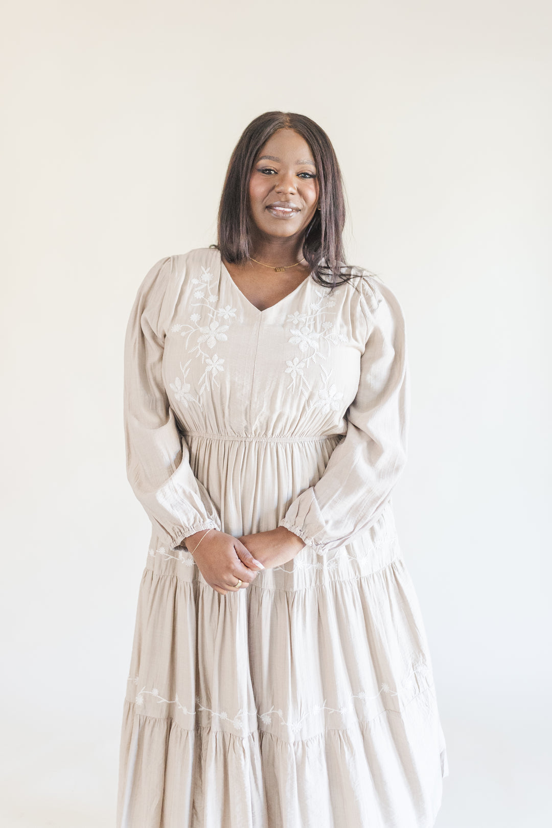 Allie Long Sleeve Embroidered Midi Dress in Beige