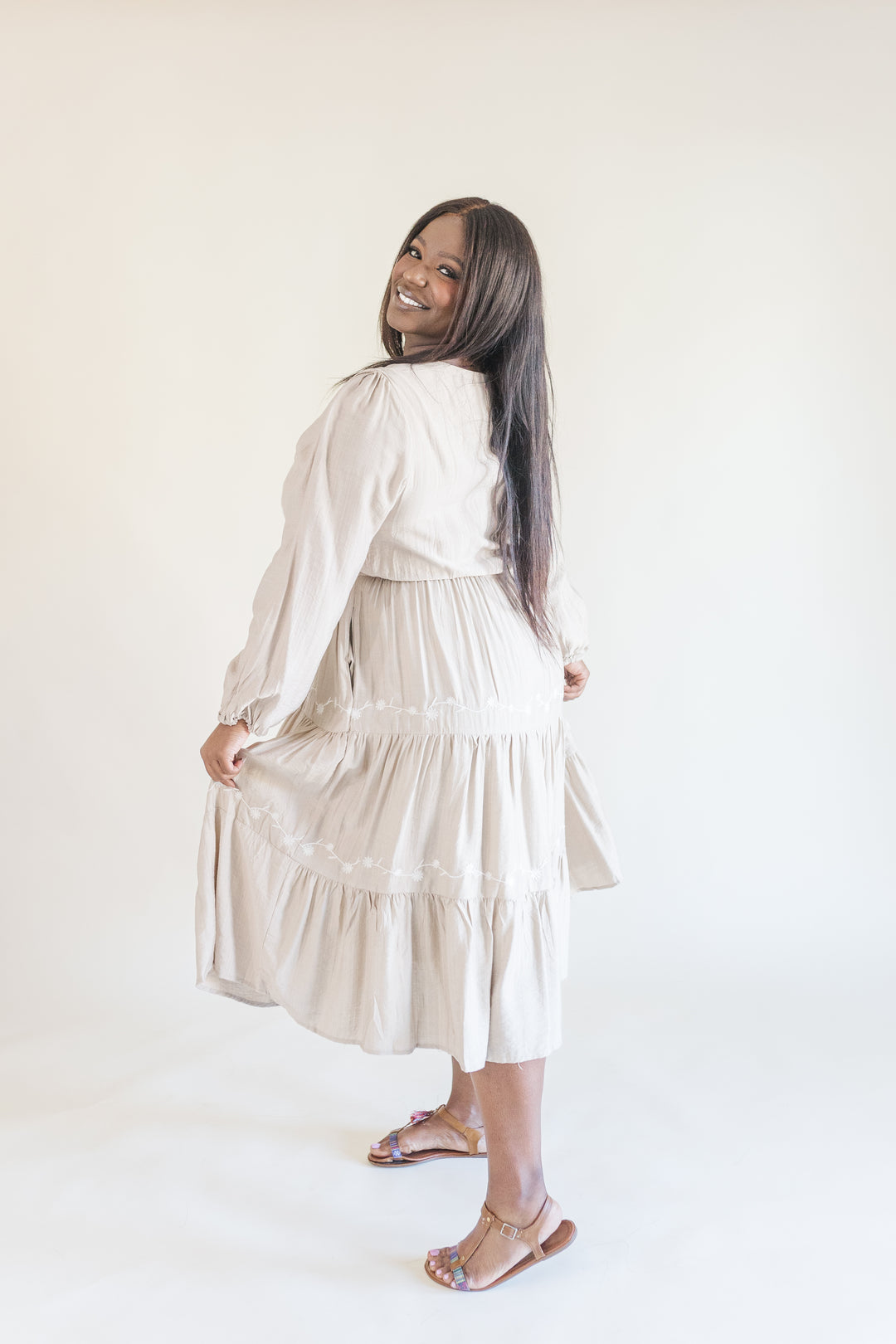 Allie Long Sleeve Embroidered Midi Dress in Beige