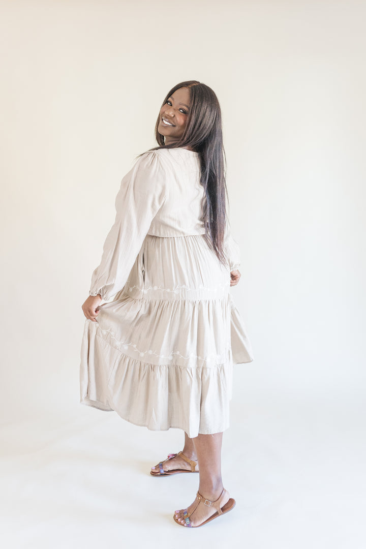 Allie Long Sleeve Embroidered Midi Dress in Beige