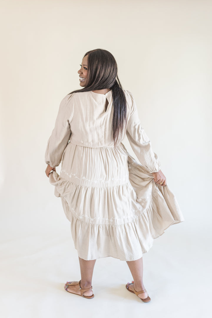 Allie Long Sleeve Embroidered Midi Dress in Beige