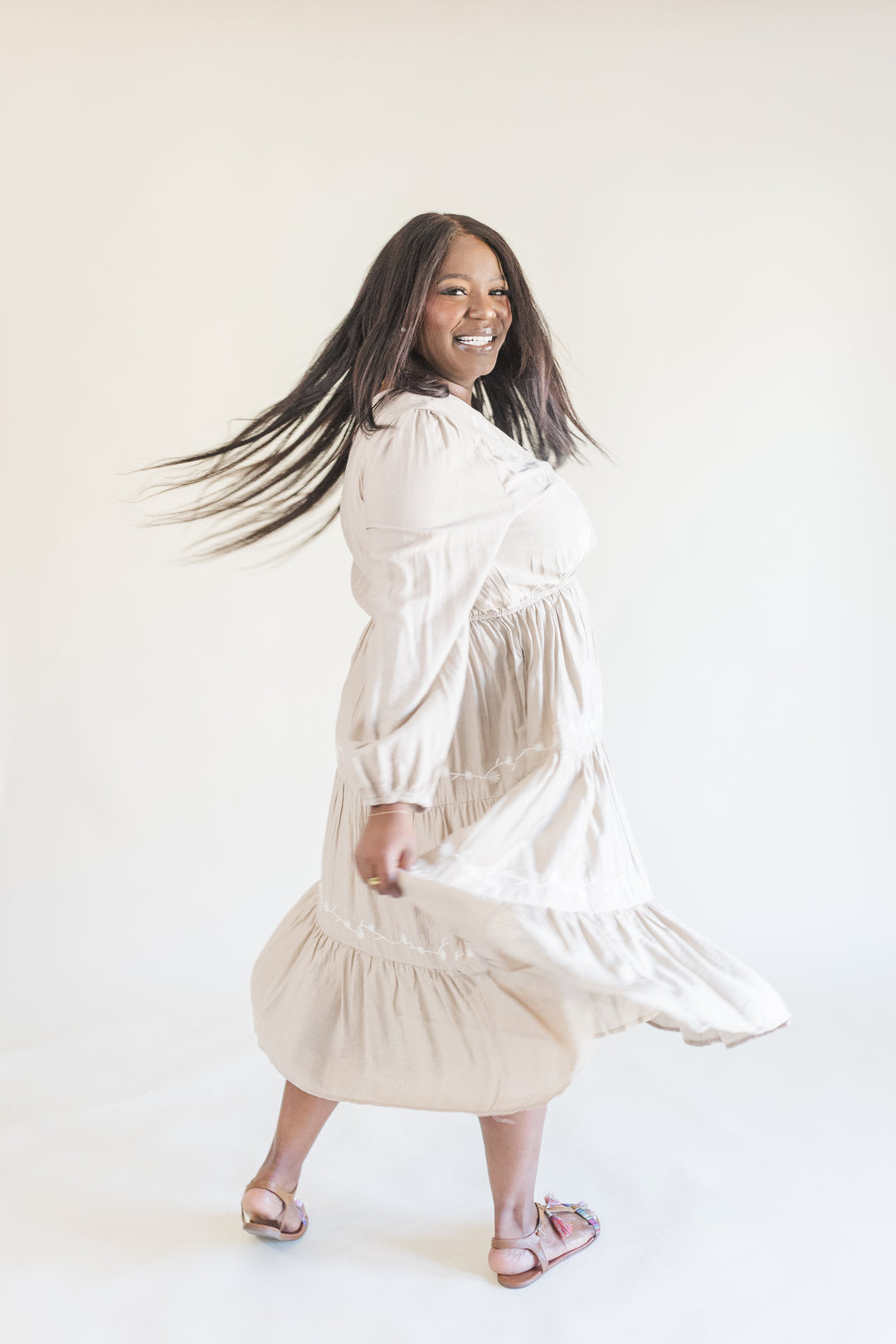 Allie Long Sleeve Embroidered Midi Dress in Beige