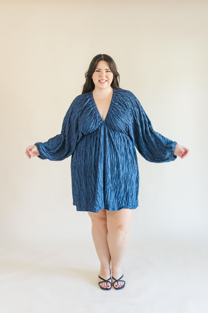 Audrey Plisse Deep V-Neck Dress in Navy