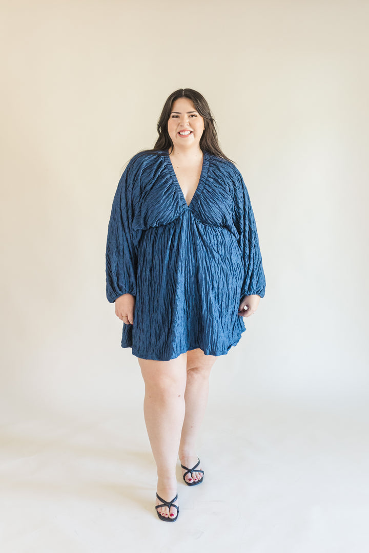 Audrey Plisse Deep V-Neck Dress in Navy