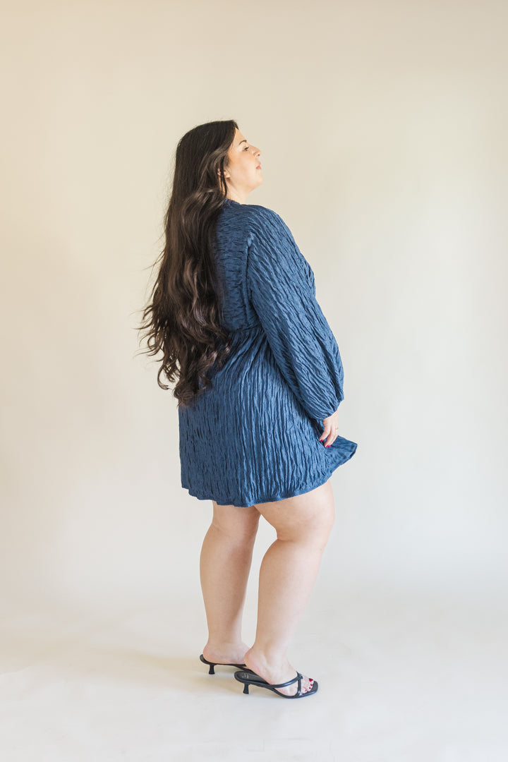 Audrey Plisse Deep V-Neck Dress in Navy