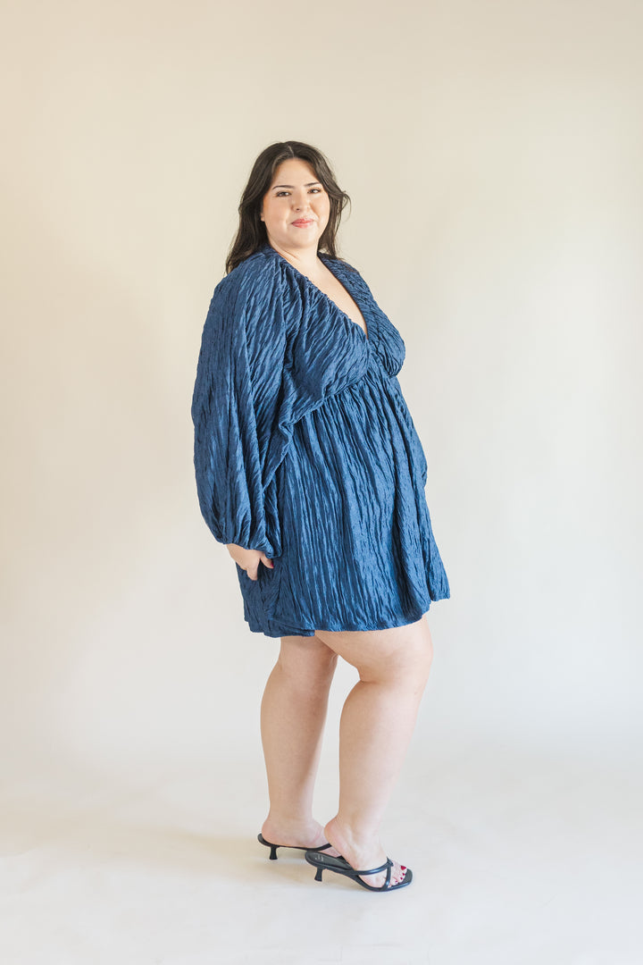Audrey Plisse Deep V-Neck Dress in Navy