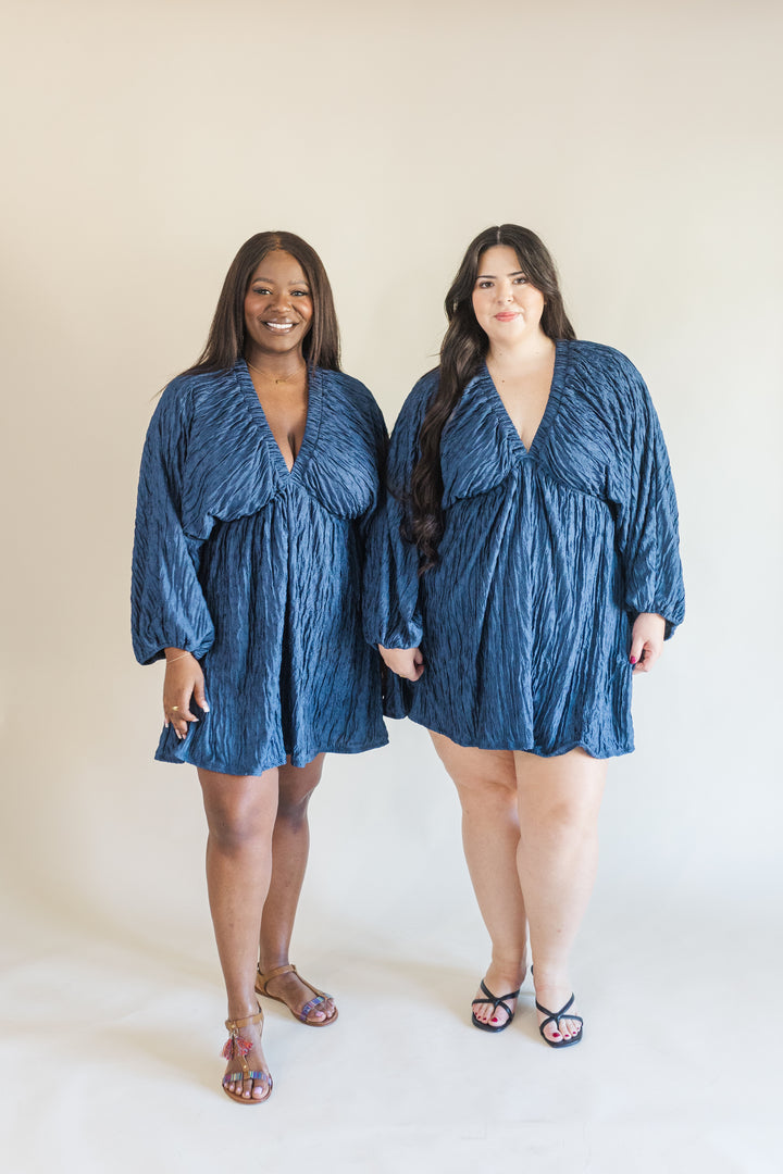Audrey Plisse Deep V-Neck Dress in Navy