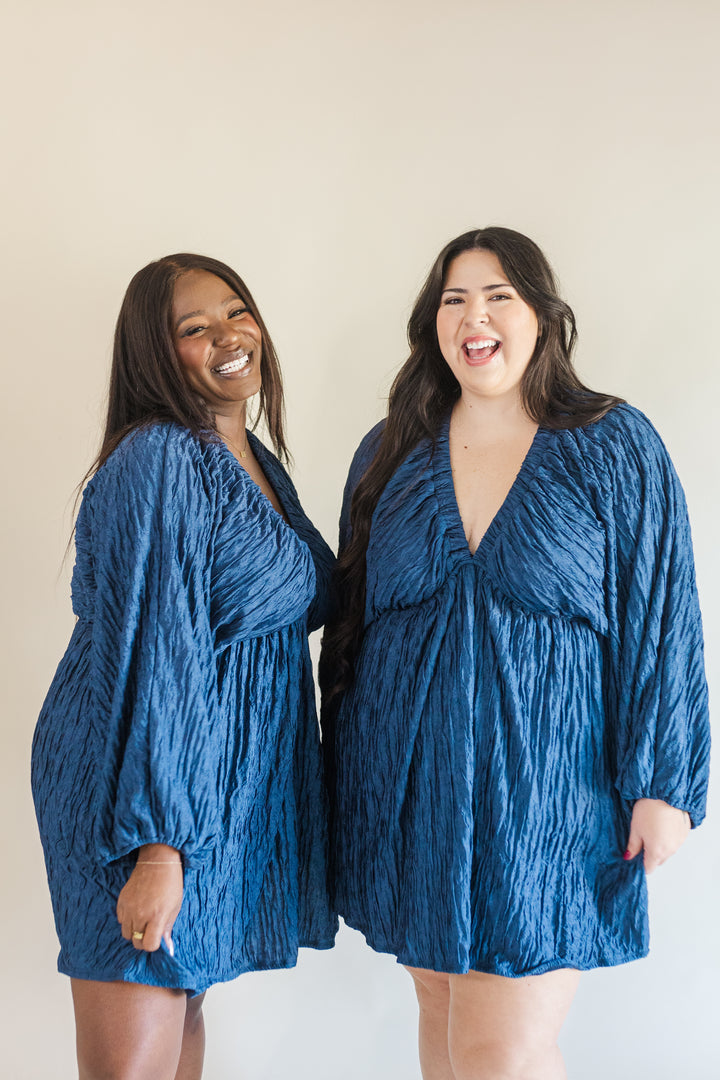 Audrey Plisse Deep V-Neck Dress in Navy