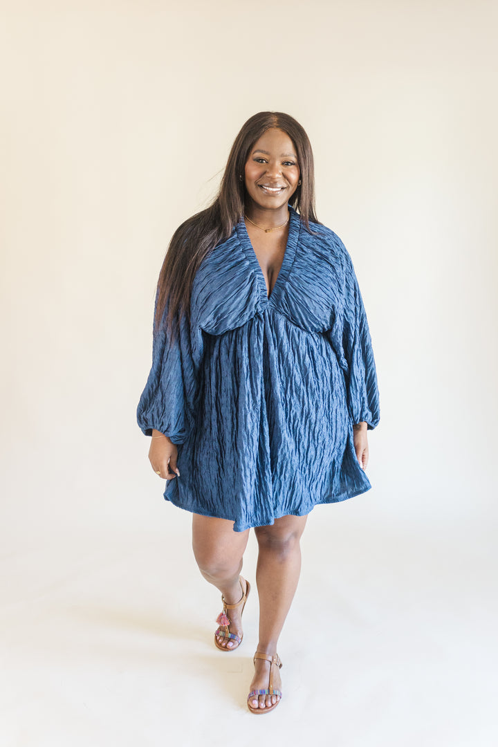 Audrey Plisse Deep V-Neck Dress in Navy