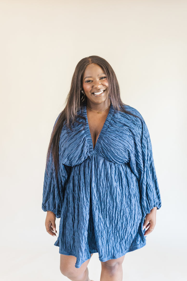 Audrey Plisse Deep V-Neck Dress in Navy