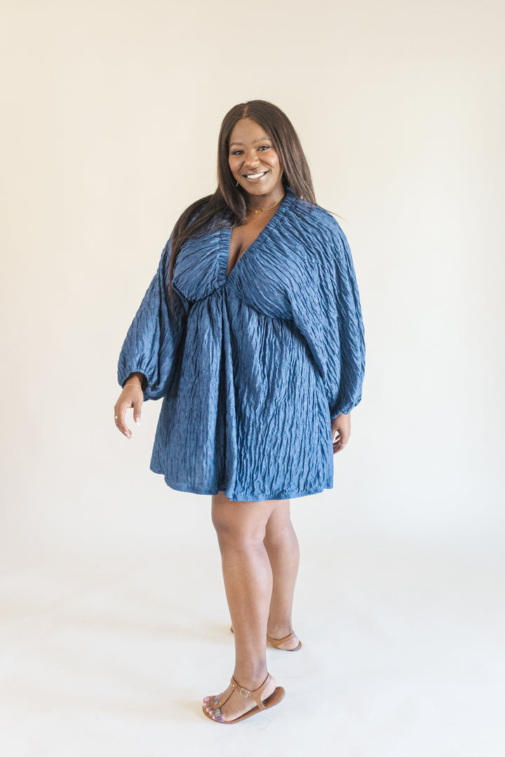 Audrey Plisse Deep V-Neck Dress in Navy