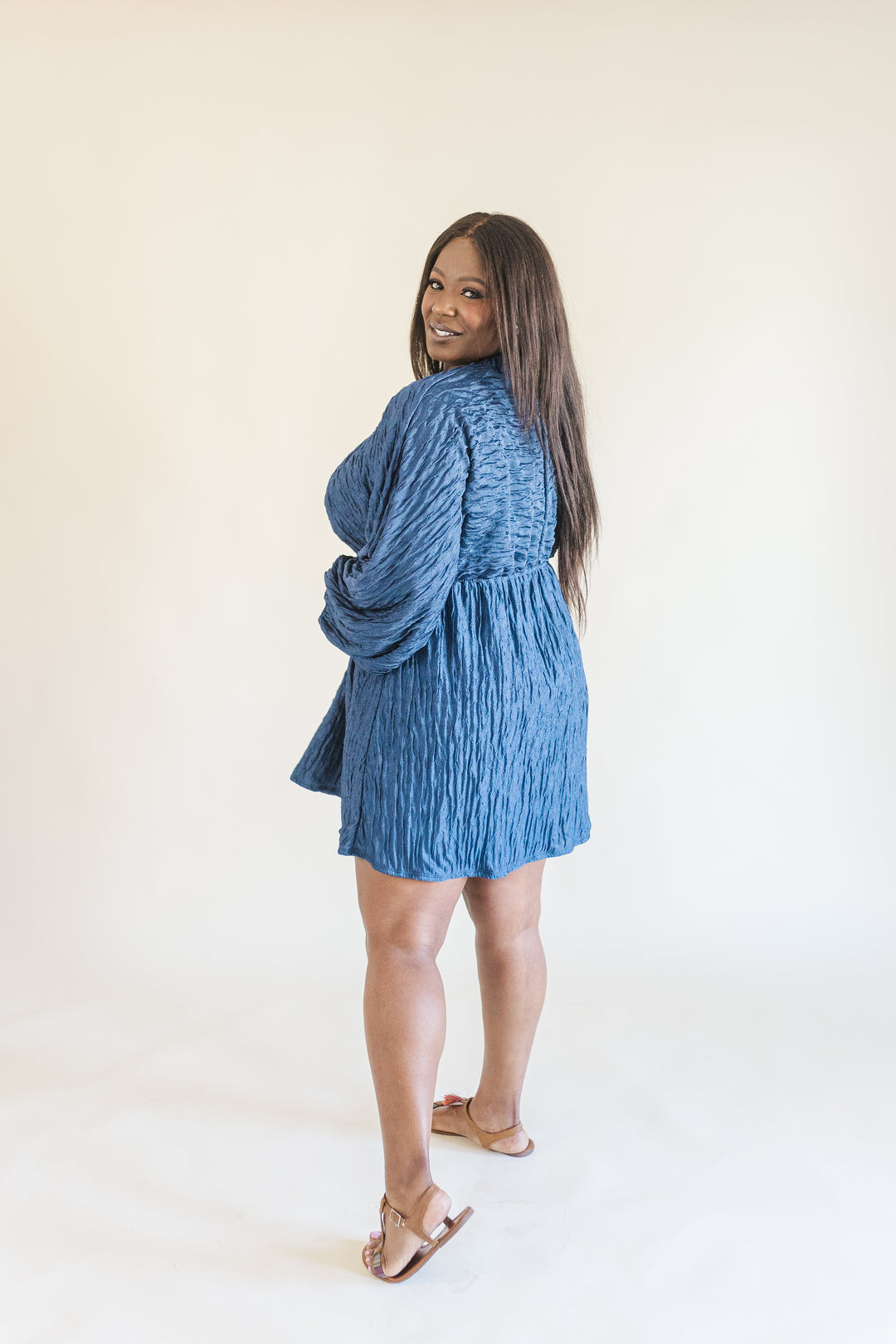 Audrey Plisse Deep V-Neck Dress in Navy