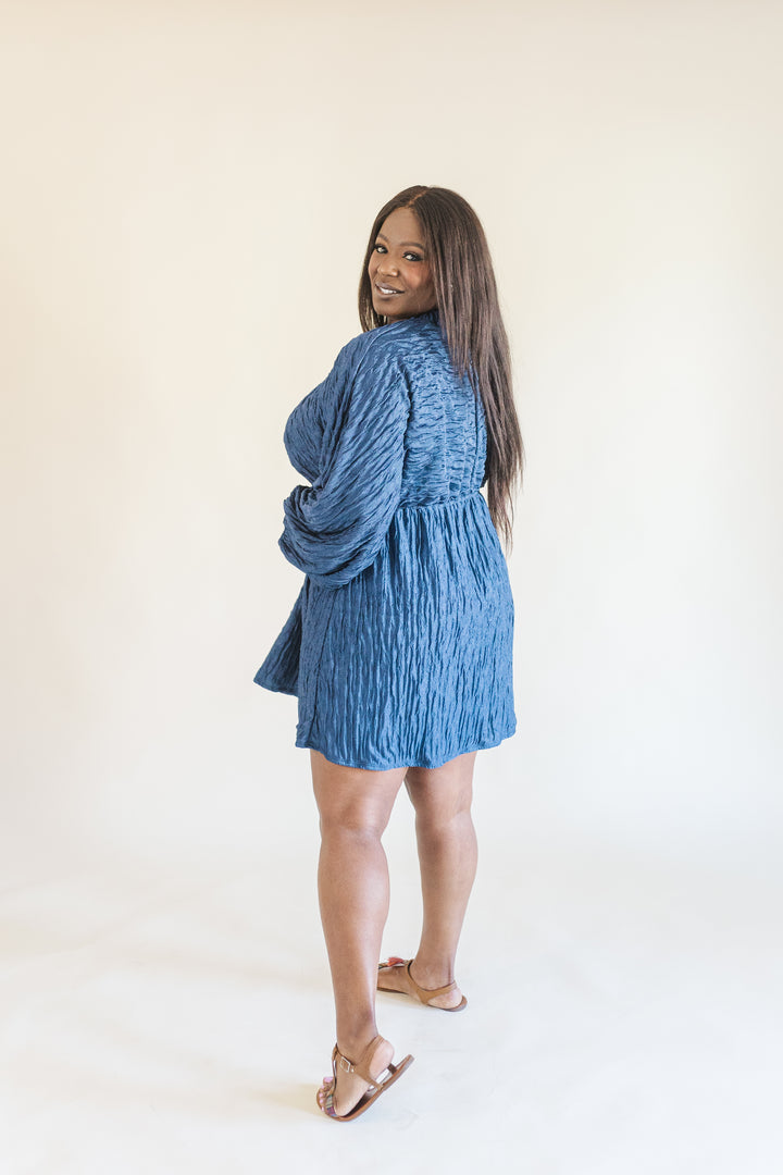 Audrey Plisse Deep V-Neck Dress in Navy
