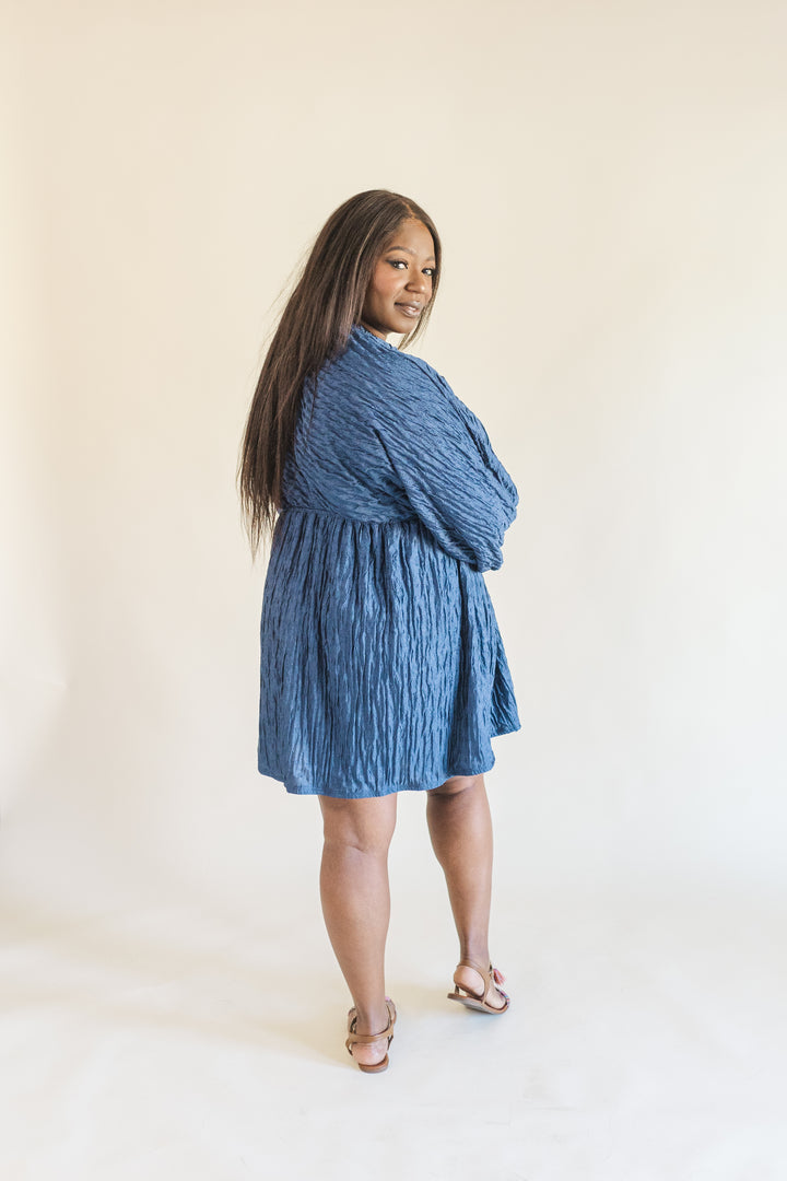 Audrey Plisse Deep V-Neck Dress in Navy