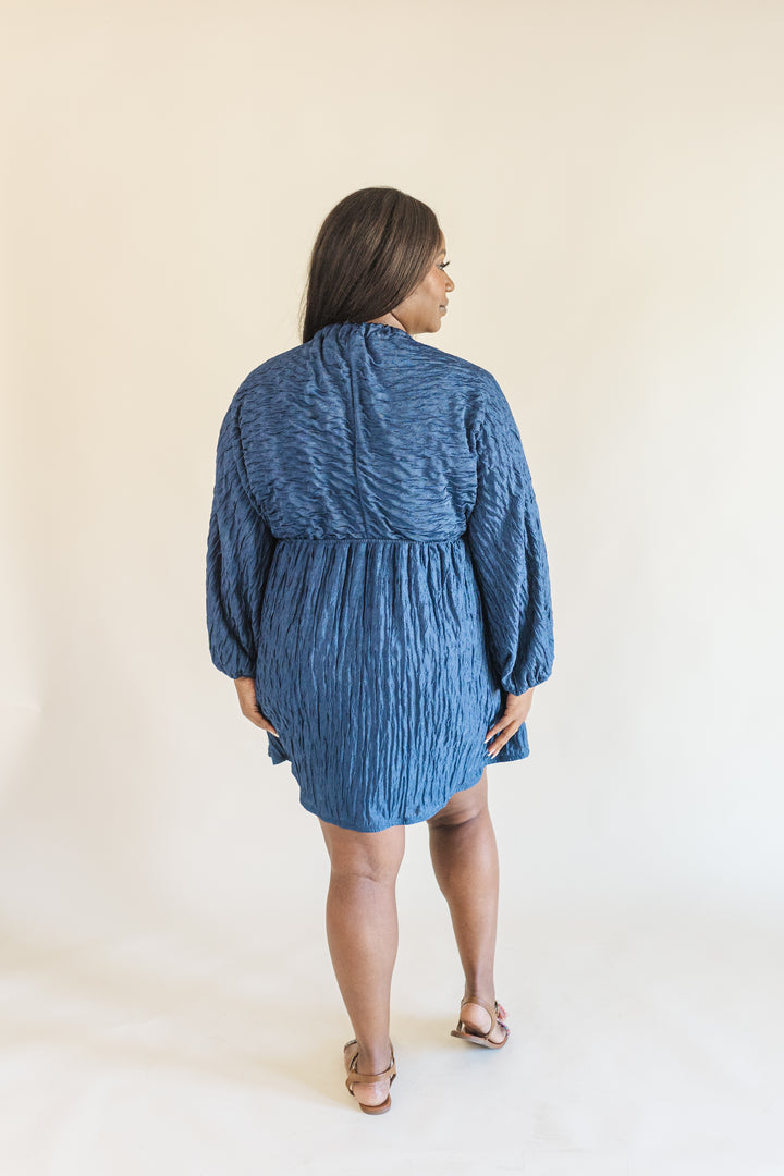 Audrey Plisse Deep V-Neck Dress in Navy