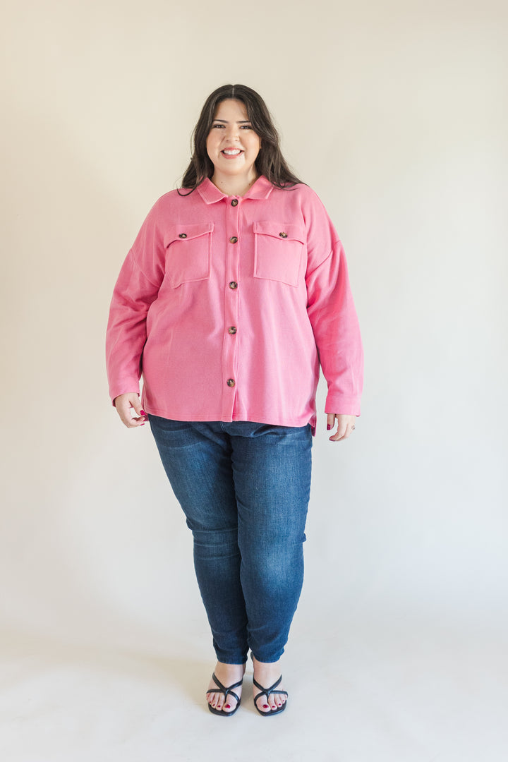 Jordan Smiley Face Knit Shacket in Pink