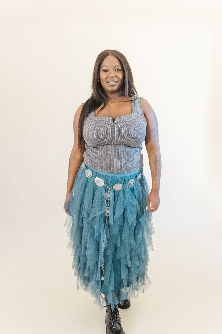 Sabrina Ruffle Trim Mesh Skirt in Teal