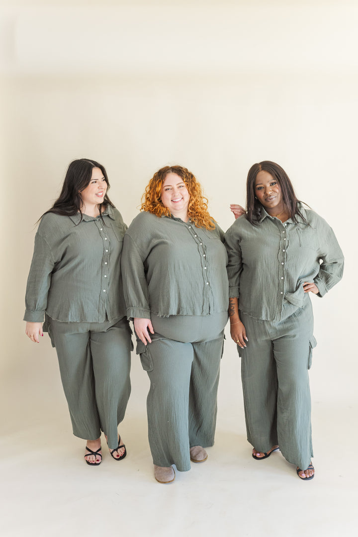 Bea Long Sleeve Button Up Gauze Top in Olive