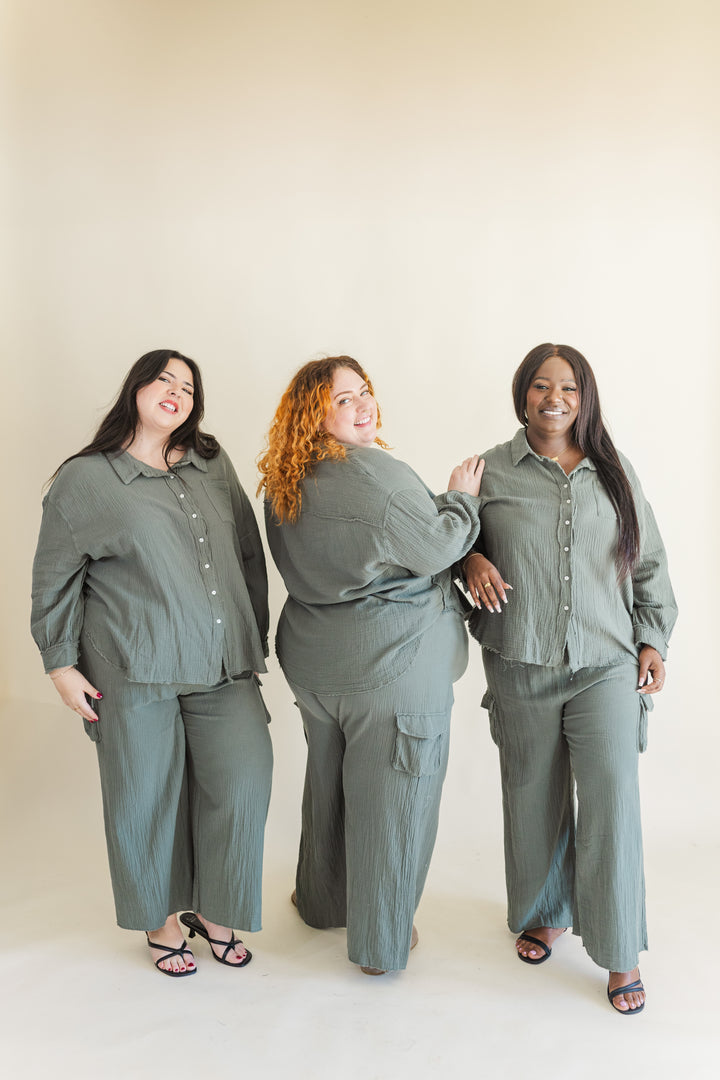 Bea Long Sleeve Button Up Gauze Top in Olive