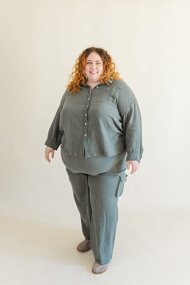 Bea Long Sleeve Button Up Gauze Top in Olive