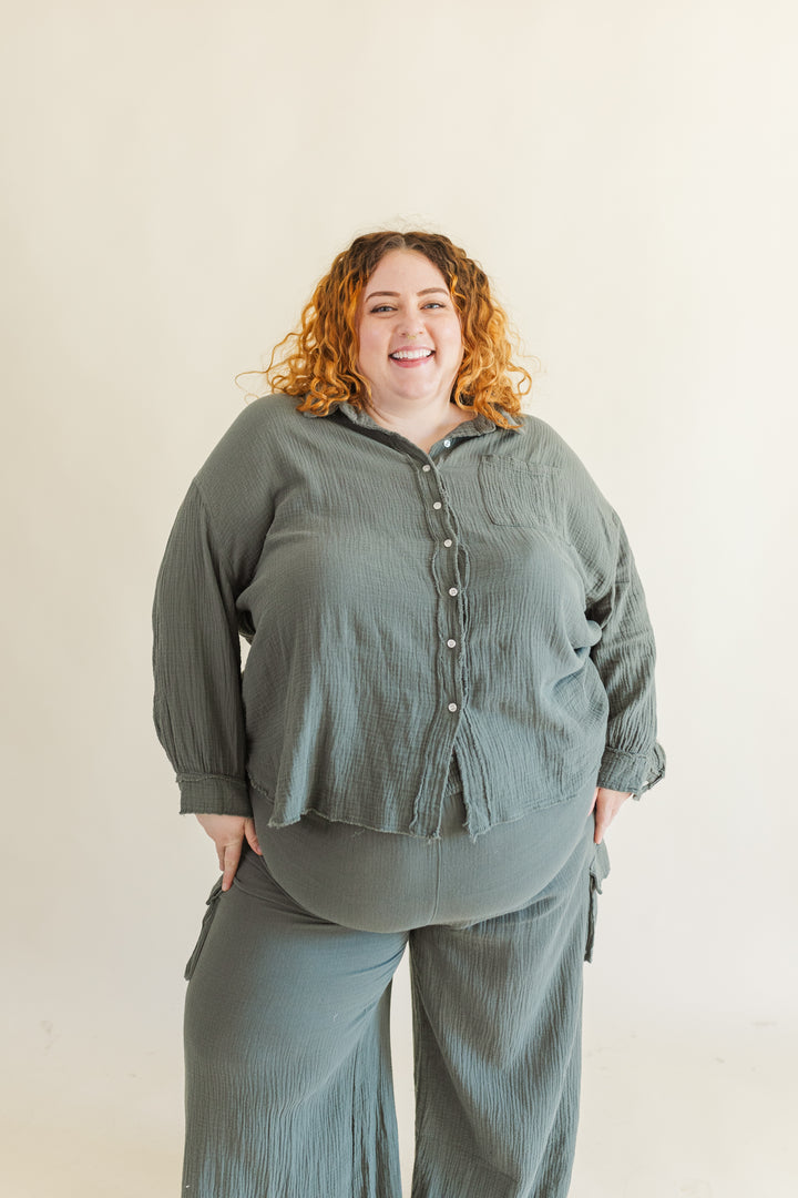 Bea Long Sleeve Button Up Gauze Top in Olive
