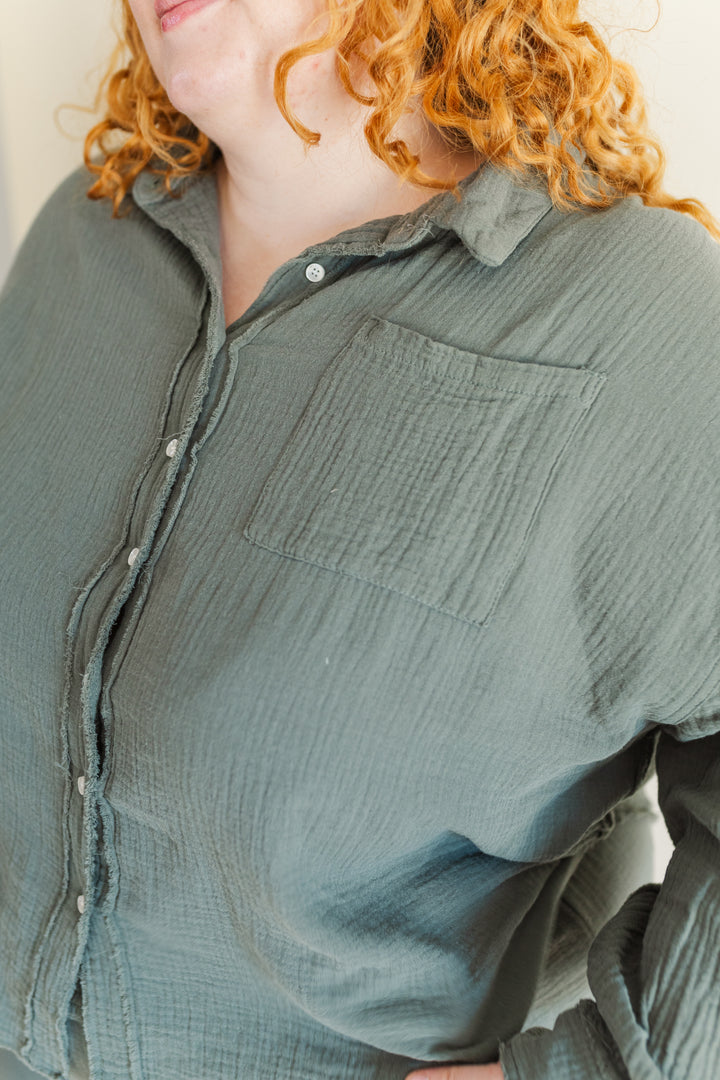 Bea Long Sleeve Button Up Gauze Top in Olive