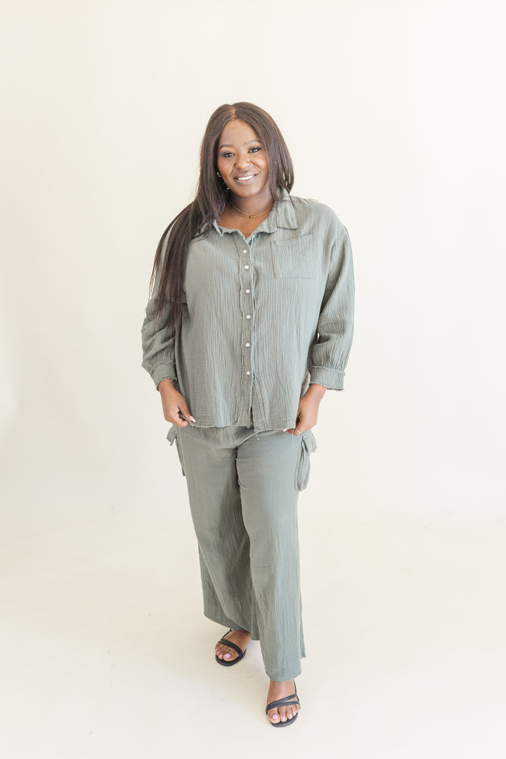 Bea Long Sleeve Button Up Gauze Top in Olive