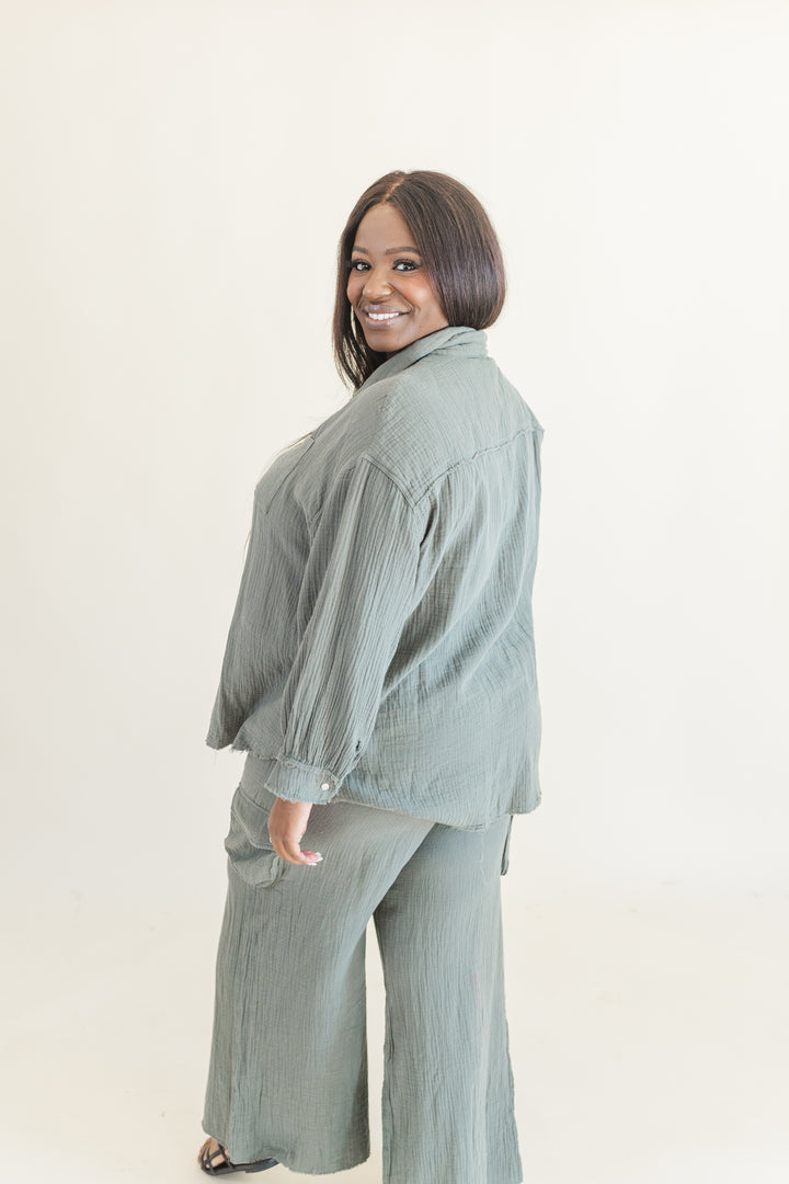 Bea Long Sleeve Button Up Gauze Top in Olive