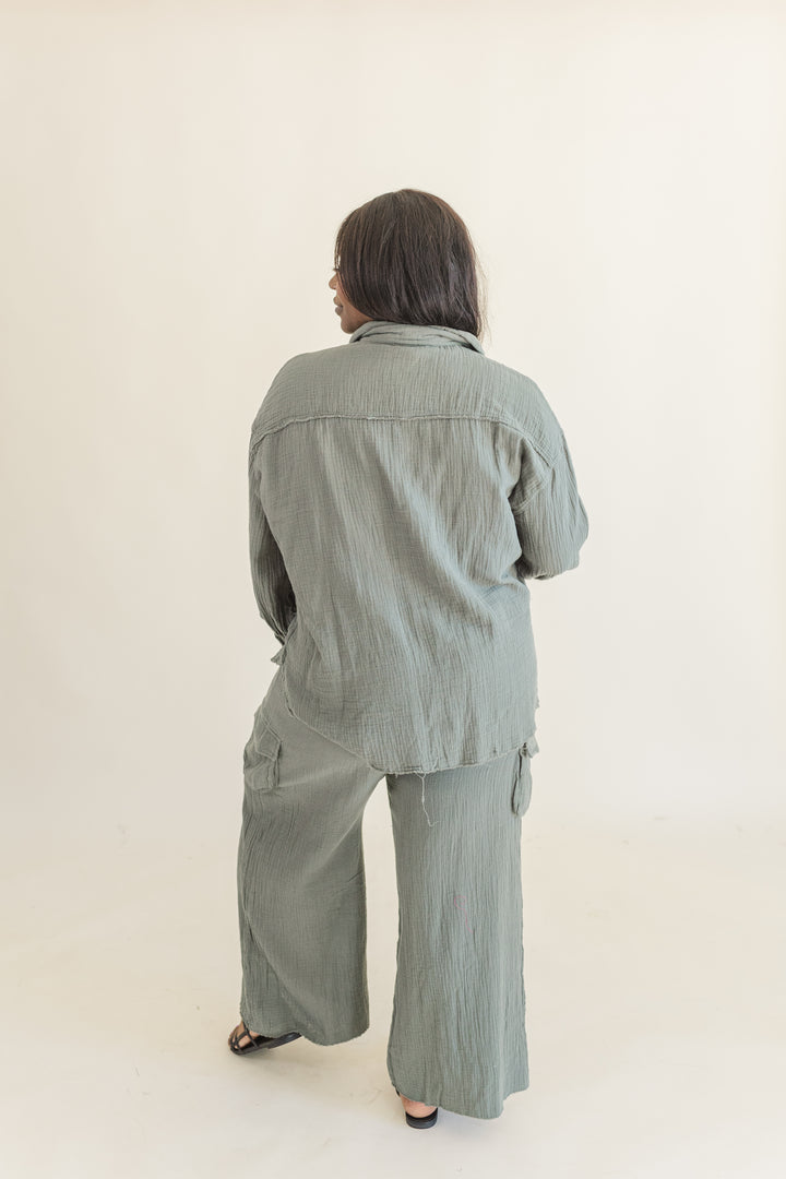 Bea Long Sleeve Button Up Gauze Top in Olive