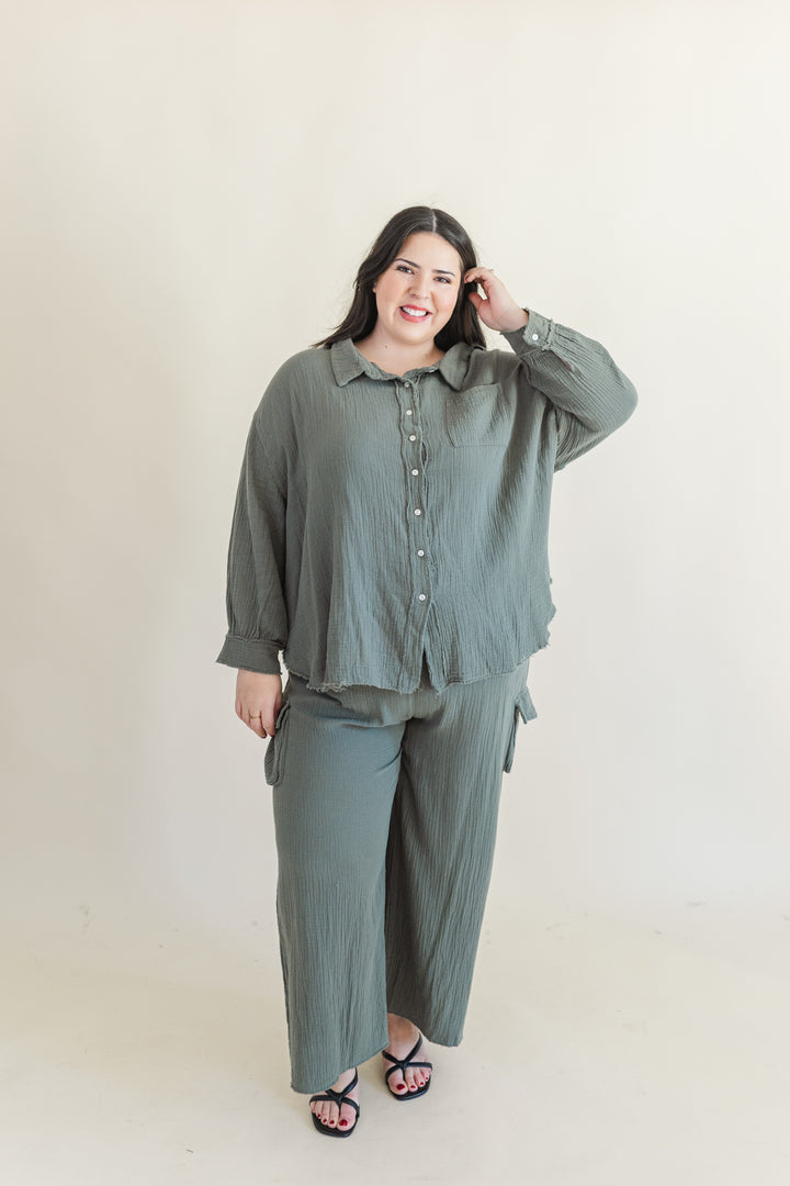 Bea Long Sleeve Button Up Gauze Top in Olive