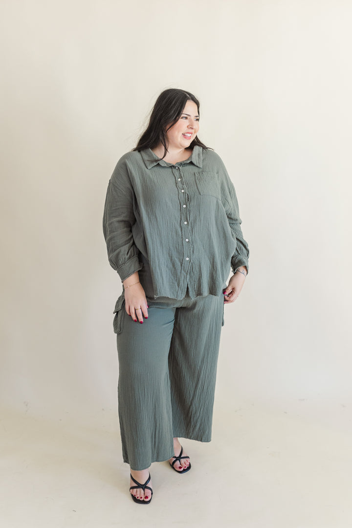 Bea Long Sleeve Button Up Gauze Top in Olive