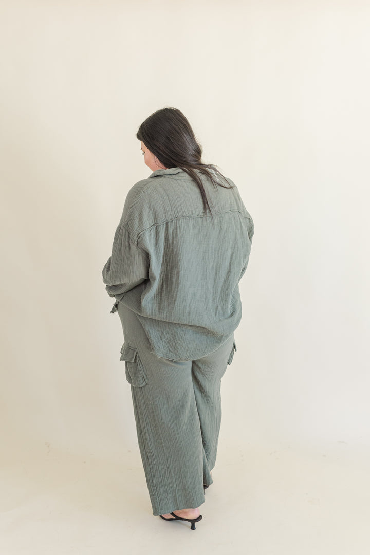 Bea Long Sleeve Button Up Gauze Top in Olive
