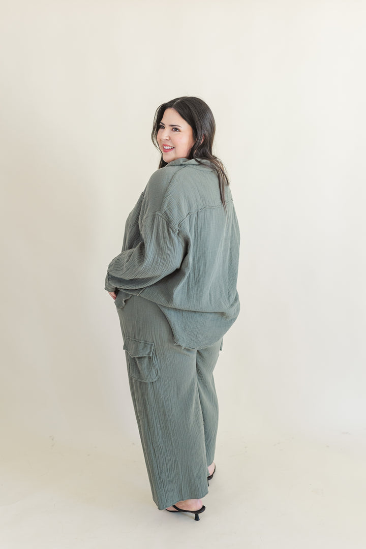 Bea Long Sleeve Button Up Gauze Top in Olive