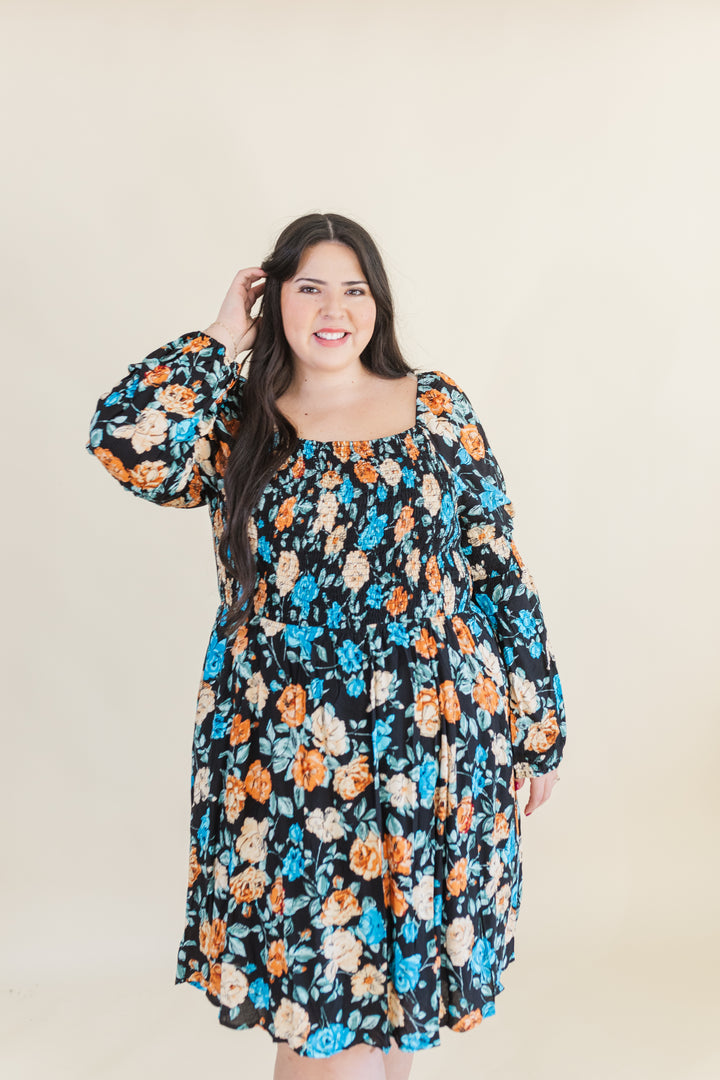 Calista Long Sleve Smocked Short Dress in Black