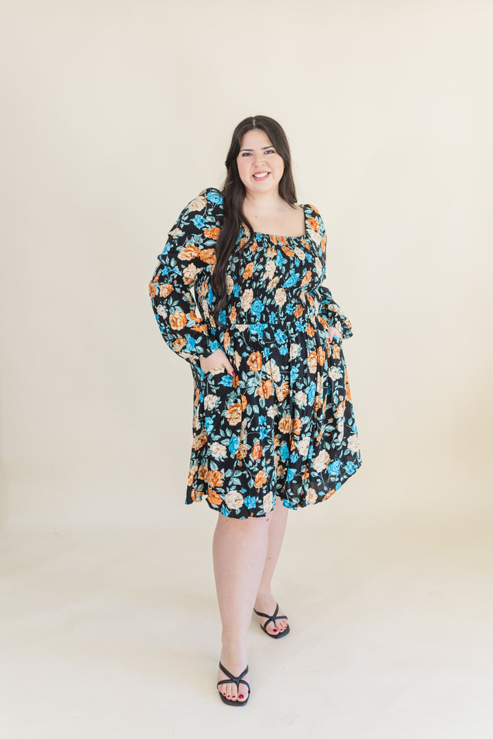Calista Long Sleve Smocked Short Dress in Black