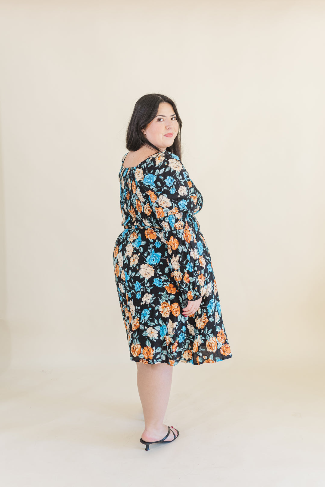 Calista Long Sleve Smocked Short Dress in Black