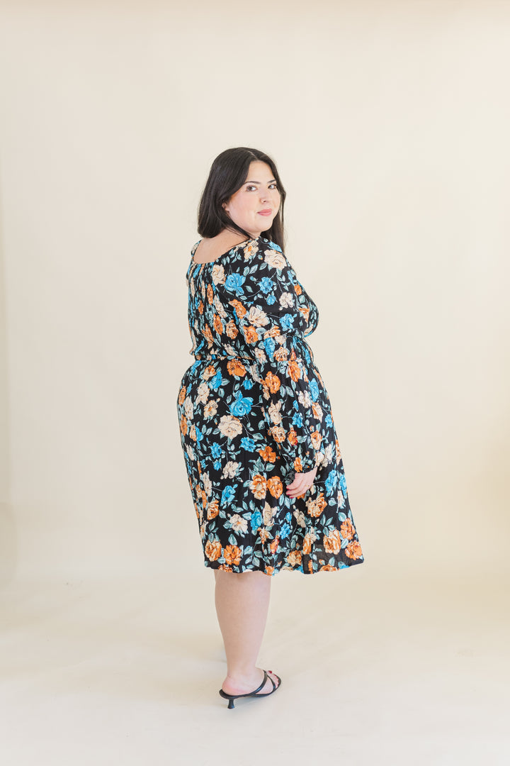 Calista Long Sleve Smocked Short Dress in Black