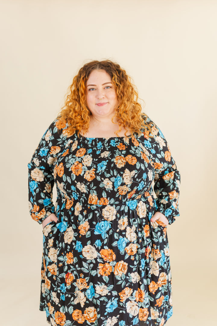 Calista Long Sleve Smocked Short Dress in Black