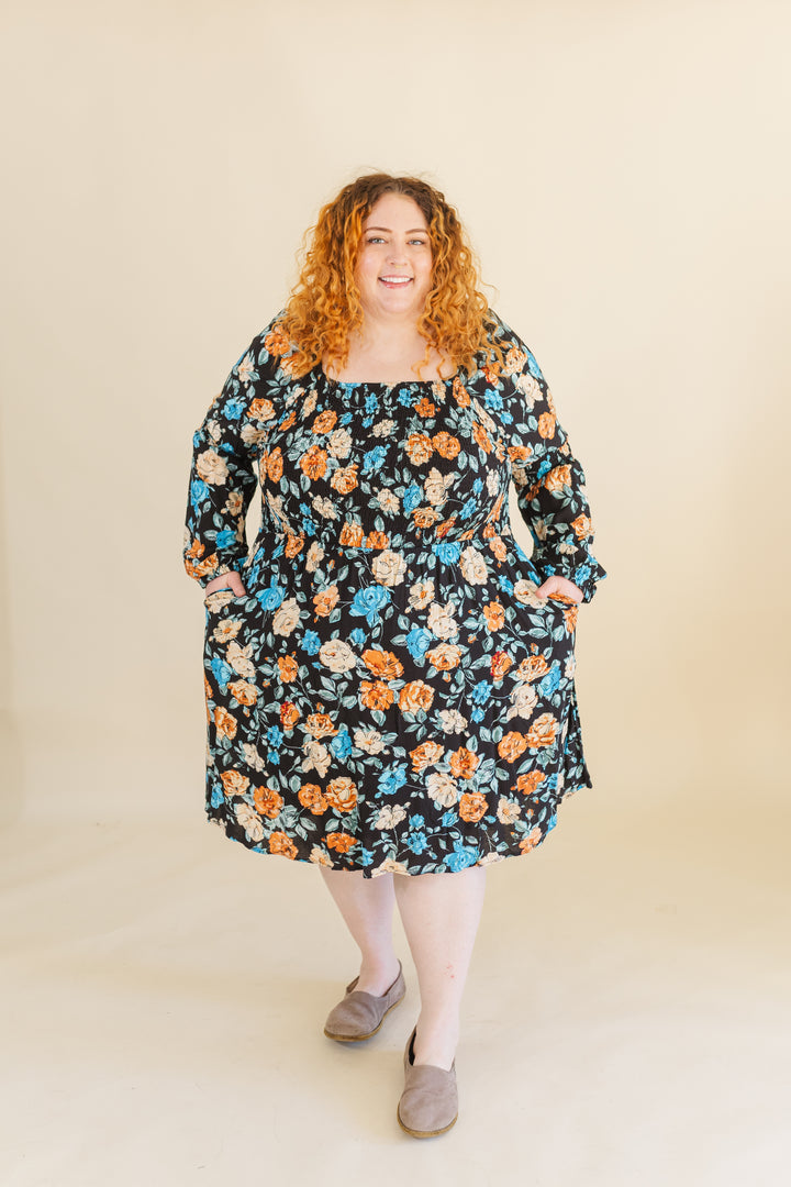 Calista Long Sleve Smocked Short Dress in Black