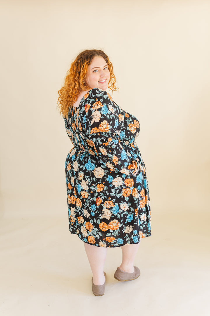 Calista Long Sleve Smocked Short Dress in Black