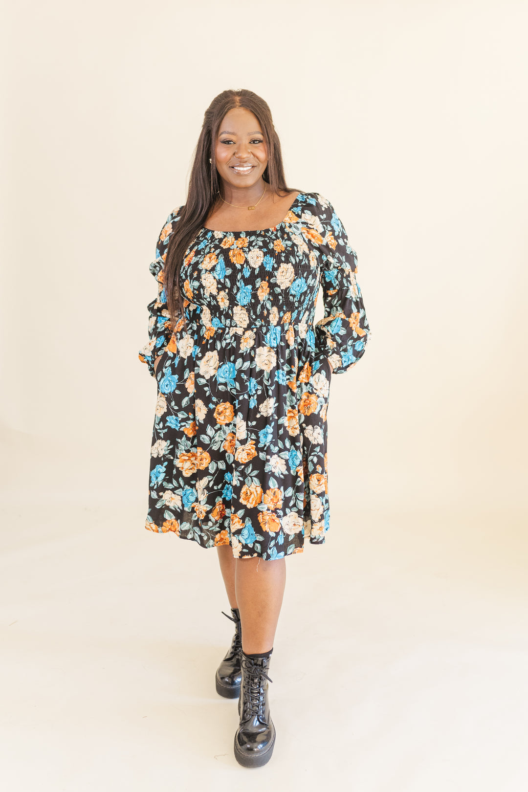 Calista Long Sleve Smocked Short Dress in Black