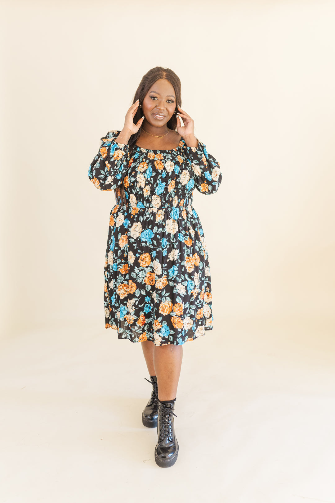 Calista Long Sleve Smocked Short Dress in Black